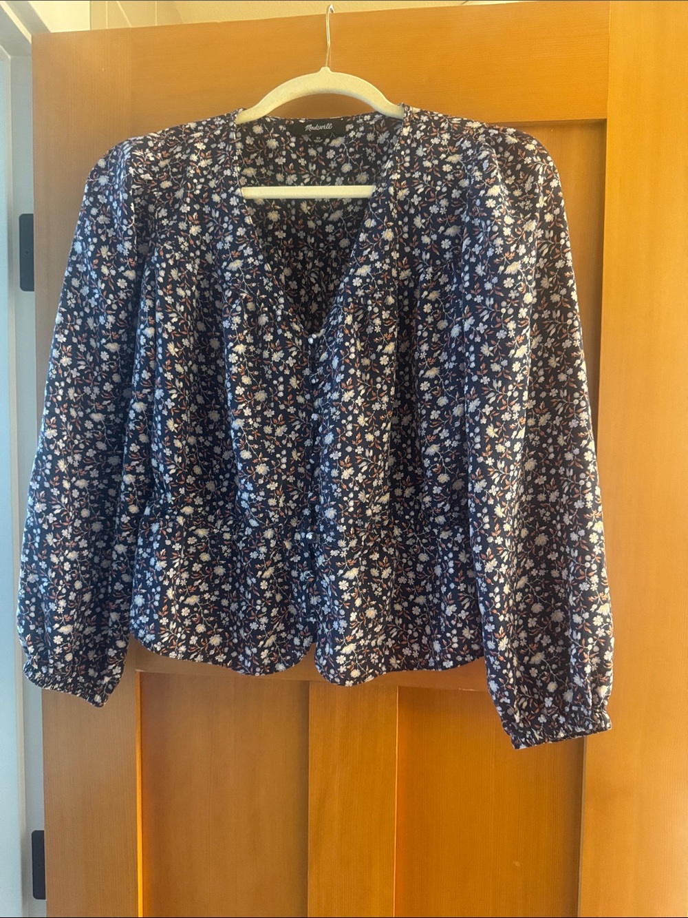 Madewell Navy Floral Wrap-Style Blouse with Puff Sleeves